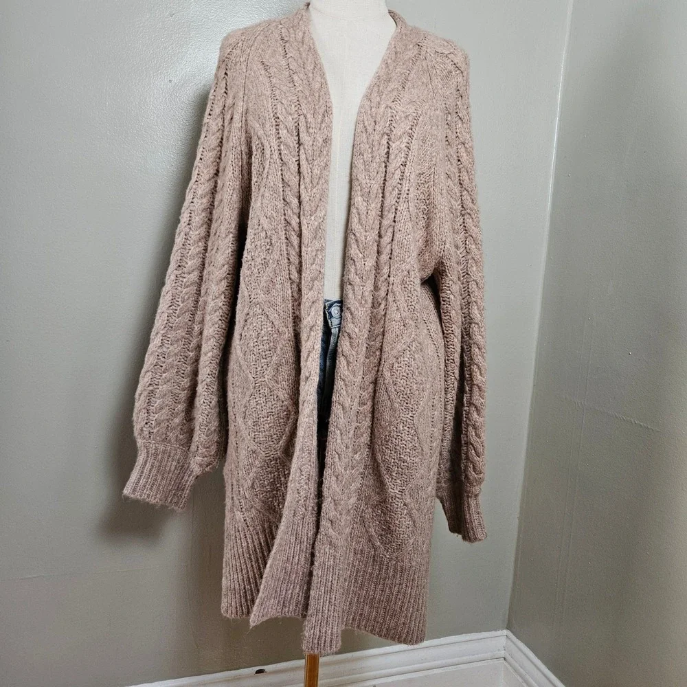 NEW A New Day Long Chunky Cardigan Sz L Open Front Cable Knit Tan Blush NWT